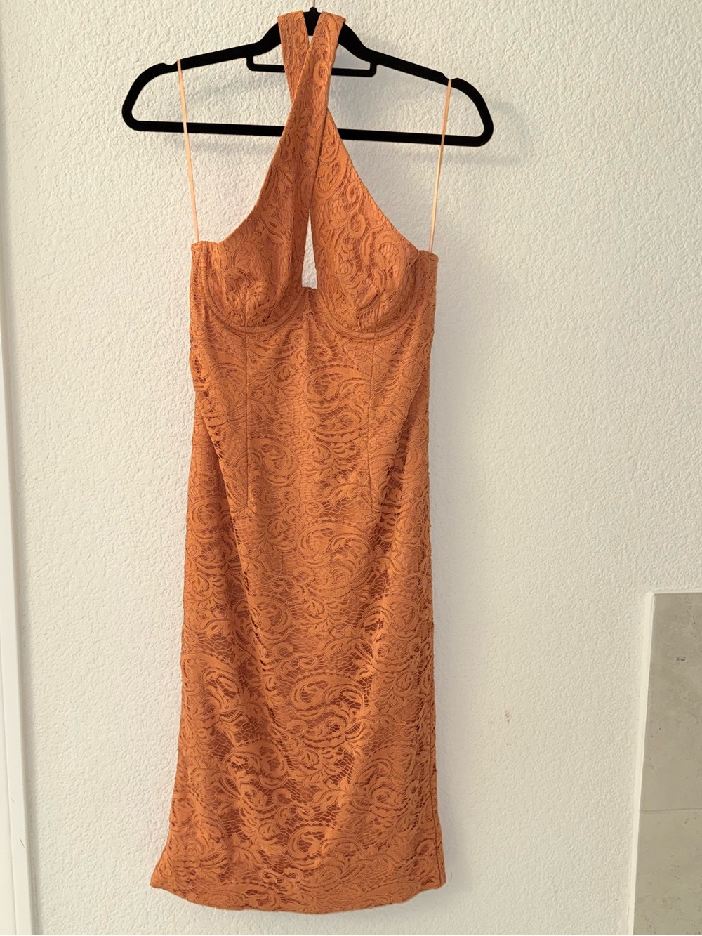 Bardot Rust Orange Lace Bodycon Dress, Size M